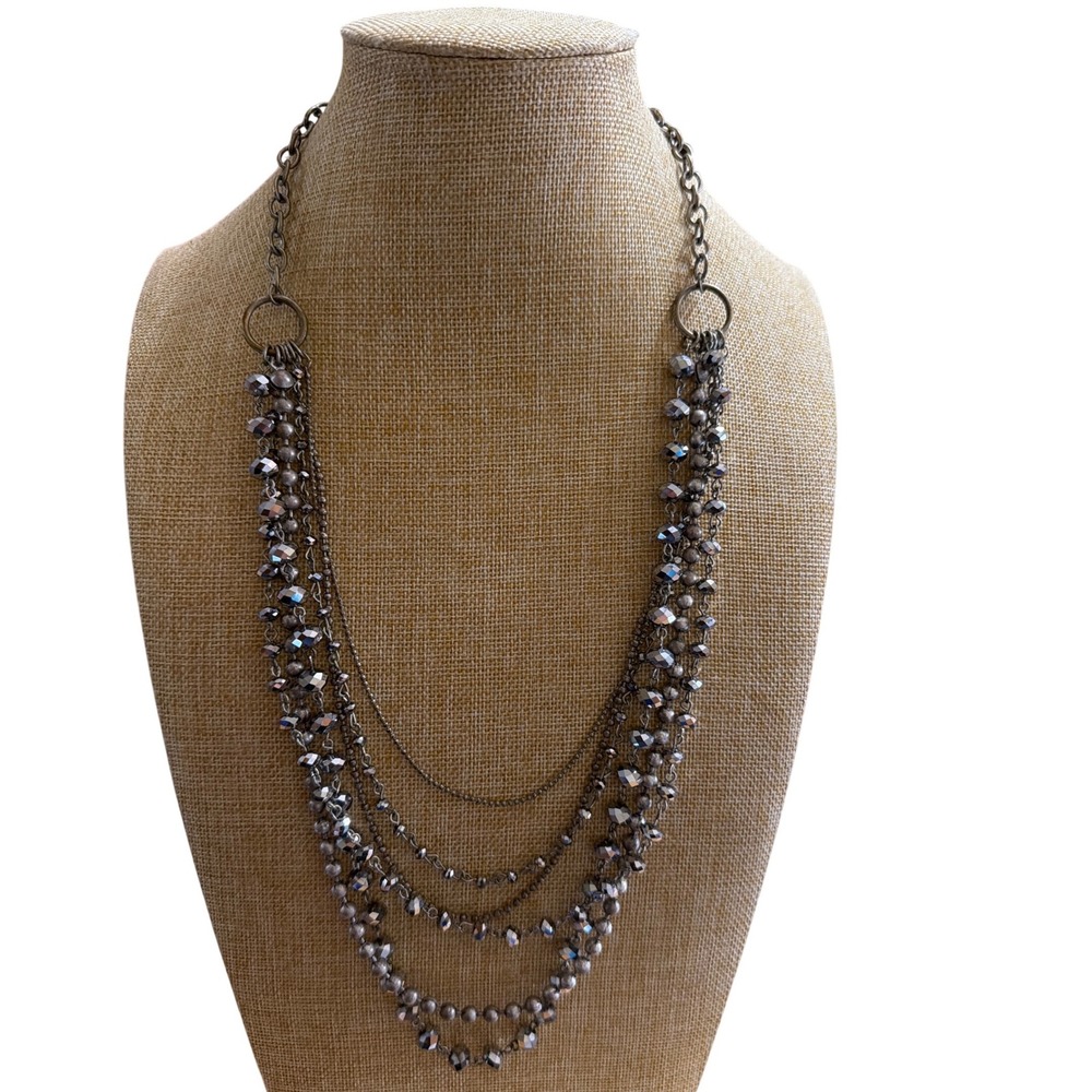 Gunmetal Multi Strand Layered Bib Necklace Faceted Beads Statement Tiered